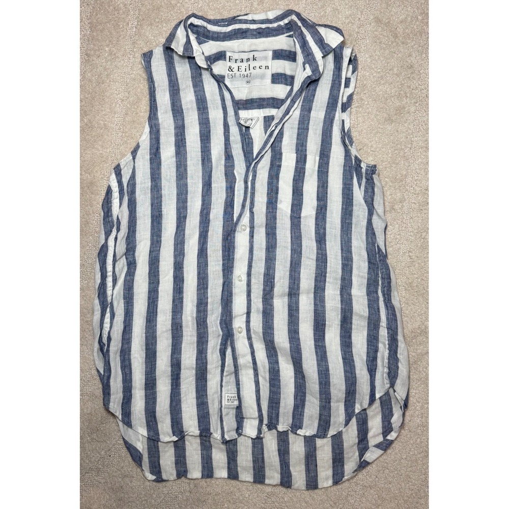 Frank & Eileen Women's Top Fiona Sleeveless Linen Shirt Blue White Stripe XS